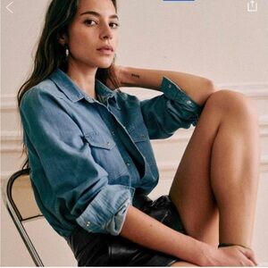 Sezane Washed Denim Button-Up Shirt in Blue